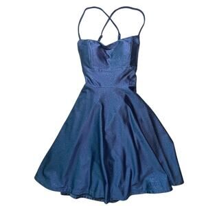 Windsor Navy Glitter Fit & Flare Mini Dress Lace Up Back HOCO Prom Party Size S